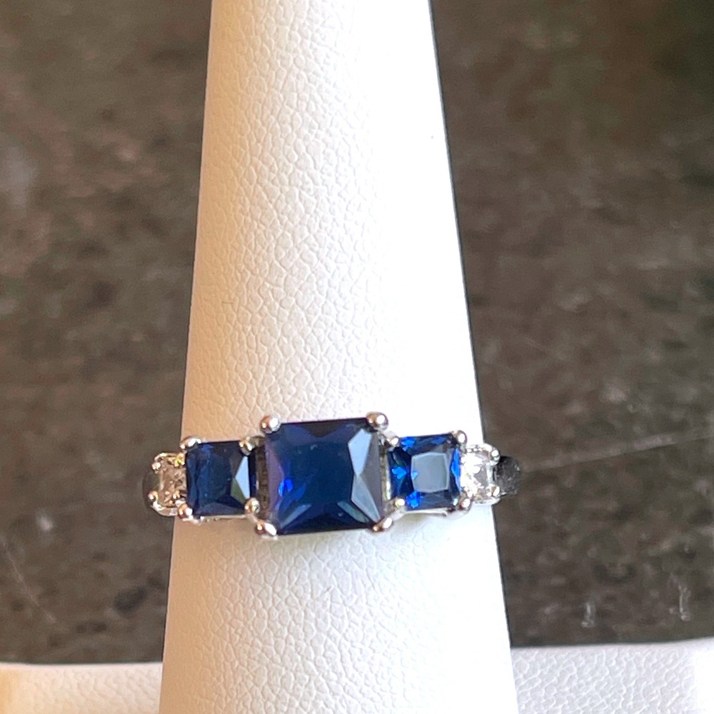 Sterling Silver‎ 925 Lab-Created Sapphire & CZ Three-Stone Ring, Size 7.5
